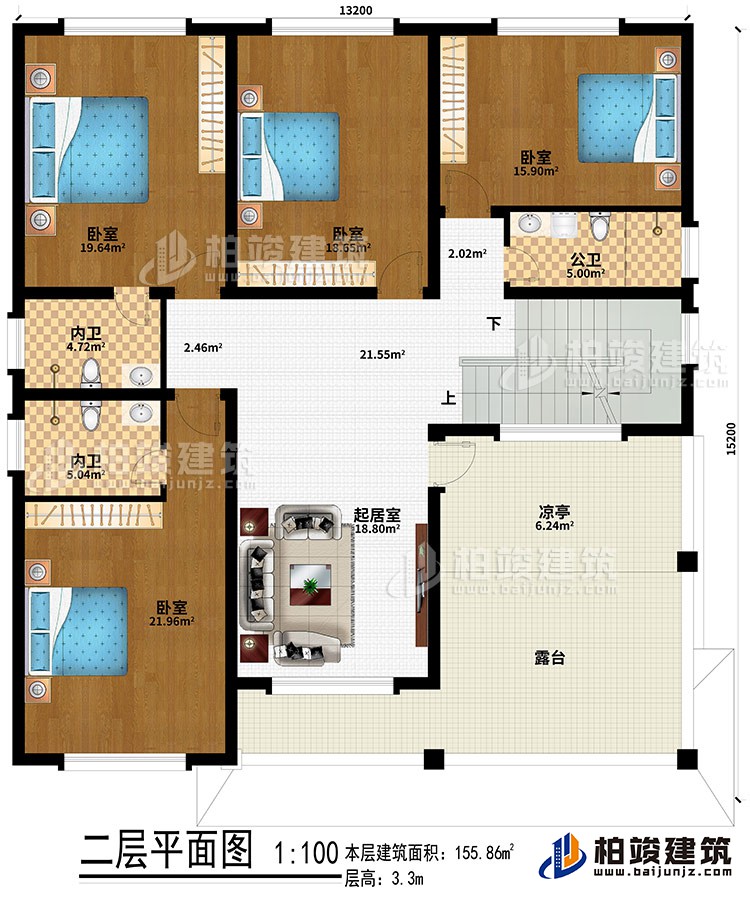二層：起居室、4臥室、2內(nèi)衛(wèi)、公衛(wèi)、涼亭、露臺(tái)