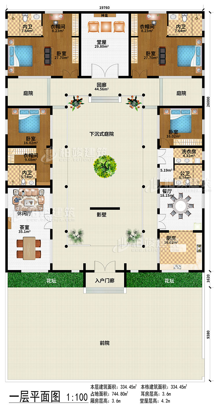 一層：前院、入戶門廊、影壁、下沉式庭院、回廊、2庭院、茶室、休閑廳、餐廳、廚房、堂屋、神龕、4臥室、3衣帽間、3內(nèi)衛(wèi)、公衛(wèi)、洗衣房